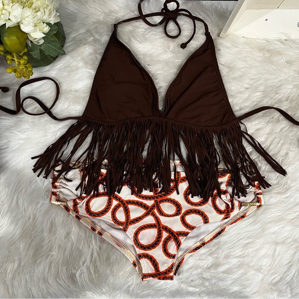 NEW L*Space Boho Triangle Fringe D-Ring Hipster Cheeky Bikini Swimsuit XS M NWOT
